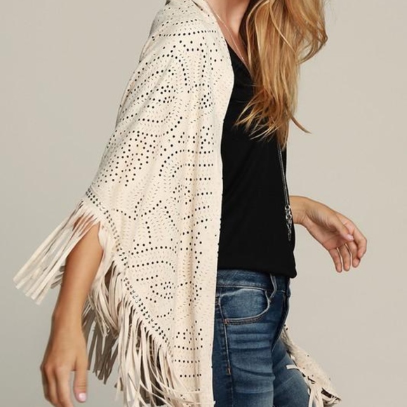 Suede Fringe Shawl Boho Wrap - Picture 3 of 3